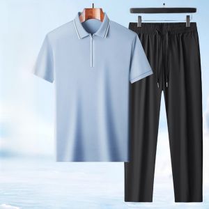 ROMON | Lormen Mens Polo Shirt Ice Silk Thin Summer Sportswear Casual Short Sleeve Long Pants Two-Piece Set For Middle-Aged People