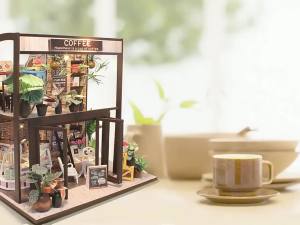 Wooden Dollhouse Miniature DIY Doll House Kit Handmade Creative Room with Furniture for Romantic Valentines Gift Time of Coffee