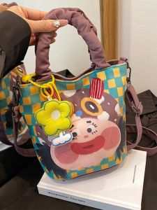 Quirky Illustration Bucket Bag Womens Crossbody Shoulder Bag Fashionable Print Cute Cartoon Anime Large Cotton Canvas Bag