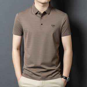 Áo Thun Nam Cổ Polo Sọc Tay Ngắn Mùa Hè Mới Ice Silk Mulberry Silk Thời Trang Công Sở Thường Ngày Chất Liệu Cotton Dệt Kim