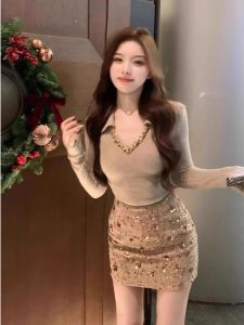 qiaocong | Design Sense Knit Top with Waist Cinch and Sequin Pencil Skirt Outfit