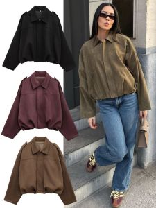 HH Vintage Womens Suede Texture Bomber Jacket Female Lapel Zipper Long Sleeve Casual Coat Soild Spring Street Outerwears