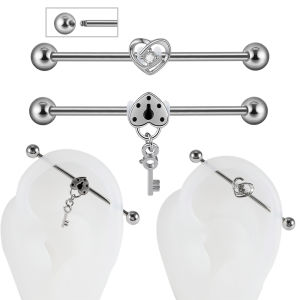 1/2PCS CZ Heart Lock&Key Hang Ear Industry Barbell Stud Surgical Steel Double Hole Lobe Helix Earring Piercing Bodyjewelry