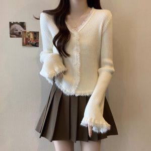 plus Size Autumn Winter V Neck Fringe Splicing Flared Sleeve Knitwear Women Slimming Long Sleeve Base Shirt Commute Style Regular Fabric
