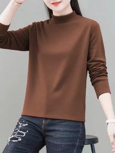 Thickened Double-sided Velvet Half-high Collar Long Sleeve Womens Base Shirt Autumn Winter Inner Wear Commute Style Regular Fit
