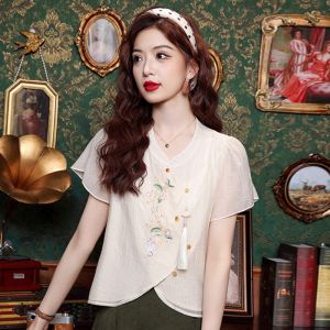 Fashionable Embroidered Tassel Sleeve Shirt for Women Loose Style National Wind Summer New Arrival Qipao Bubble Sleeve Pullover