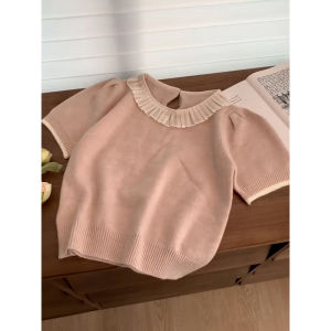 French Style Pink Lace Collar Knitted Top Women Summer New Gentle Sweet Loose Short Sleeve T-Shirt Korean Version Comfortable Fit