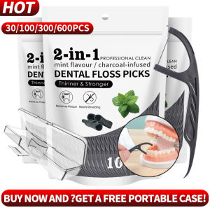 600/300/100/30PCS 2-in-1 bamboo charcoal mint dental floss stick interdental cleaning tool free dental floss box suitable for