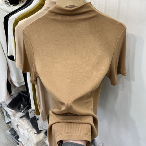 Elegant Solid Color Half High Neck Ribbed Five-Quarter Sleeve T-Shirt Womens Spring New Style Fashionable Base Layer Shirt Top