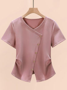 Loose Fit plus Size Womens Cotton T-Shirt Short Sleeve Casual Top Asymmetrical Design Summer New Style Korean Style V-neck