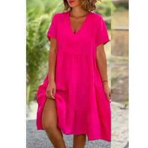 Fashion Short Sleeve V Neck Summer Dress New Loose Casual Women Elegant A-line Party Short Dresses Simple Ruffled Sweet Clothing