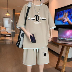 Casual Sporty Two-Piece Set Short Sleeve T-Shirt plus Size Summer Loose Fit Five-Quarter Pants for Teenage Boys Polyester Fiber
