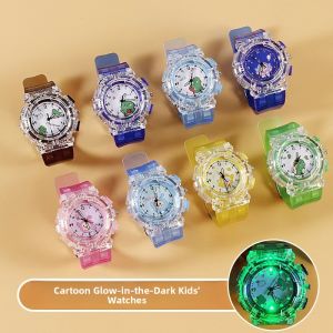 Glowing Quartz Childrens Watch Cute Cartoon Dinosaur Design Electronic Timepiece for Boys And Girls Flashing Transparent Face