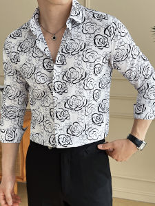 เสื้อเชิ้ตผู้ชายแขนยาวลายดอกไม้น่ารักสไตล์เกาหลีสุดเท่ เสื้อเชิ้ตคอกลมแบบปกติสำหรับใส่ทำงานและลำลองที่เข้ารูปและสวมใส่สบาย