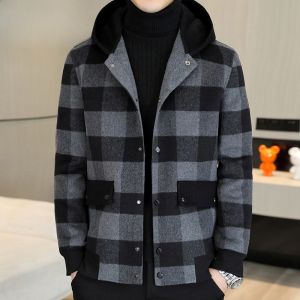 HENGYUANXIANG | Fashionable Plaid Woolen Coat For Men With Hood By Hengyuanxiang Short Trendy Business Casual Style Polyester Blend Material