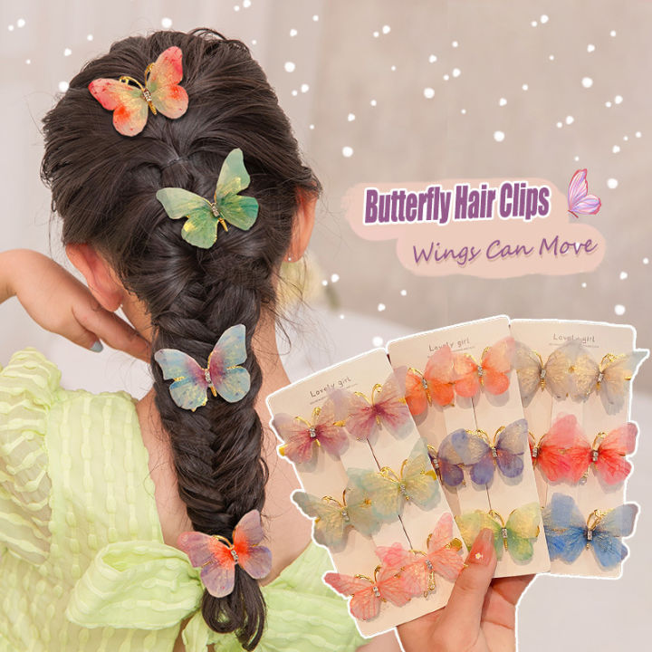 2PCS Girl's 3D Butterfly Hair Clips Wings Can Move Sweet Hairpin
