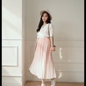 Korean Women Gradient Pleated Skirt High Waist Slim Drape Long Skirt