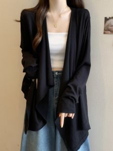Áo Khoác Len Dệt Kim Mỏng Ice Silk Chống Nắng Cho Nữ Mùa Thu Cỡ Lớn Màu Đen Dài Vừa Phải Không Đều Áo Khoác Ngoài Cardigan