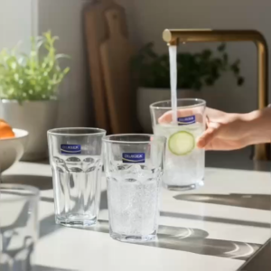 Hộp 6 Ly Thủy Tinh Deli 350ml – Thân Tám Cạnh Chống Trơn Trượt Sang Trọng Elegant Ribbed Tumbler – Ly Uống Nước Trà Đá