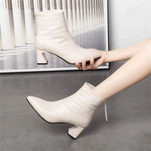 Winter New Pointed Toe High Heel Soft Top Layer Cowhide Short Boots Comfortable All Match Leather Women Short Boots Fashionable