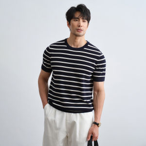 SIMWETO | Luxury Silk Stripe Resort Casual Short Sleeve Mens T Shirt