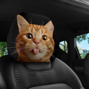 2pcs Kitten Tongue Out Printed Car Headrest Covers | Easy To Install and Wash