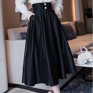 High Waist A-Line Midi Skirt for Women Elegant Vintage Style Full Flounce Long Skirt Korean Style Polyester Fabric