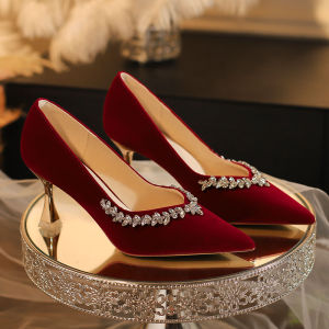 Red Chinese Style Velvet Surface Wedding Shoes Comfortable High Heel Footwear for Wedding Banquet Pregnant Women Can Wear