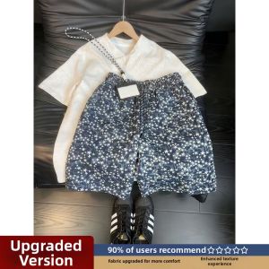 American Fashion Tie-Dye All-Over Star Printed Cleanfit Washed Denim Shorts
