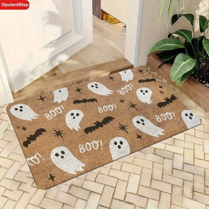 VIKAMA Retro Halloween White Ghost Black Bat Coir Doormat Spooky Holiday Outdoor Entryway Decor Mat Home Decor