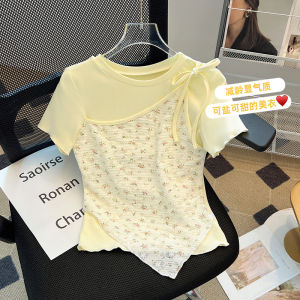 Big Sale Leak-Picking ~ Summer Asymmetrical Stitching Floral Fake Two Pieces Short Sleeve T-Shirt Womens Unique Chic Shoulder Fashion