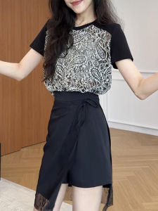 Shalldoer | Retro Hong Kong Style Short Sleeve T-Shirt And Skort Set For Women Summer Hooked Floral Splicing Color Block Uneven Hem Two Piece Suit