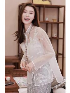 New Chinese Style Womens Shirt Embroidered Ogees Heavy Embroidery 2025 Model Base Layer Top Casual Long Sleeve Loose Fit