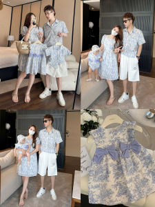 Floral Print Family Matching Summer Outfit with Bow Tie Baby Short Sleeve Shirt Childrens Clothing Cotton Blend Mommy And Me