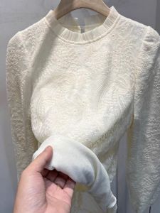 WANGGONGZHU | Womens Embroidered Fleece Lined Thickened Chiffon Top Spring Commute Style Korean Version Slim Fit Long Sleeve Round Neck