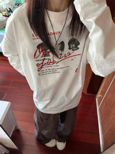 เสื้อยืดคอกลมแขนยาวผ้าฝ้ายแท้สไตล์ฮาราจูกุ ทรงหลวม แฟชั่นฤดูใบไม้ร่วง สำหรับผู้หญิง เสื้อผ้าทำงาน ลำลอง ใส่สบาย