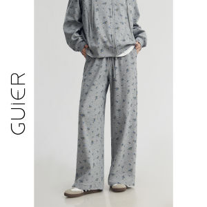 Guier Floral Sporty Casual Pants Womens High Waist Wide Leg Slimming Loose Straight Leg Trousers Spring New Arrival