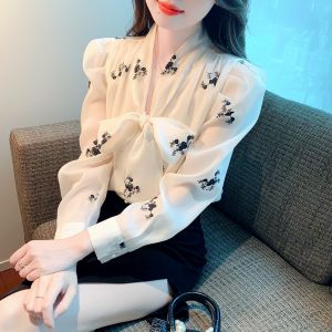 Áo sơ mi dây nơ cao cấp mới 2023 áo thêu hoa mùa thu Áo bờ lu vải voan dài tay