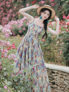 วันหยุดลมพิมพ์กระโปรงสลิงและชุดจับคู่ชุดสองชิ้นสําหรับผู้หญิงแขนกุดฤดูใบไม้ผลิฤดูร้อนฤดูใบไม้ร่วงเส้นใยโพลีเอสเตอร์