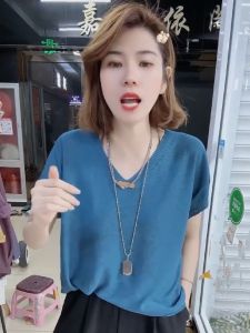 Summer Thin Cotton Linen Base Shirt Loose Womens V-neck Knitted Top Transparent Lightweight Short Sleeve T-shirt