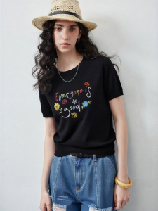 Toyouth | Colorful Letter Flower Embroidery Round Neck Fitting Slimming Sweater