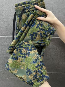 Summer 2025 New Style Ice Silk Thin Casual Pants Large Size Harem Cuffed Floral Pants Grandmother Pants Slimming Cool Pants