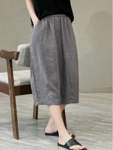 Summer 2024 Cotton Linen Wide Leg Pants Loose A-Line Skirt Solid Color Seven-Foot Vintage Versatile Casual Pants