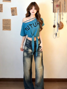 YUEZHONGWEI | Blue Letter Print Lace Hollow Out Off-Shoulder Tie Waist Slim T-Shirt