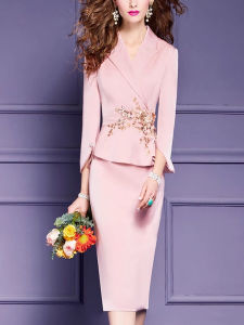 Elegant Pink Suit Dress Womens Spring High-End Commute Fashion Personality Embroidered Professional Skirt Bodycon Dress
