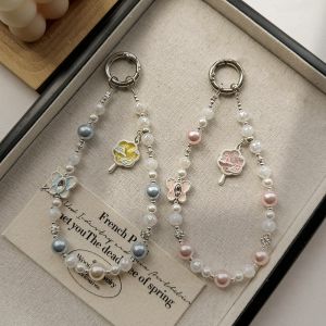 Chinoiserie Style Butterfly Crystal Alloy Fan Finished Product Womens Diamond Ball Chain Sweet Pearl Key Ring Pendant