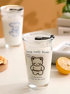 Eatkit Gelas Motif Tumbler Kaca Bening 400ml Mug Dengan Tutup Anti Bocor Botol Minum Gratis Sedotan