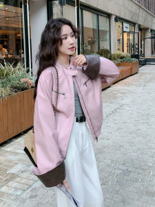 Pink Elegant Large Female Mainstream PU Leather Jacket Womens Outerwear Fashionable Zipper Short Sleeve Long Zipper Design