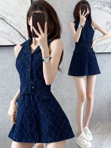 Summer New Style Retro Waist-Cinching Sleeveless Denim Dress Womens Fashion Miniature Vintage Little Girls Clothing