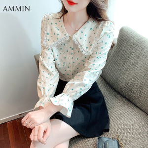 AMMIN Áo Ren Hoa Cổ Búp Bê Tay Dài Cá Tính Thời Trang Phong Cách Hàn Quốc Cho Nữ Áo Voan Ren In Họa Tiết Tay Phồng Ngọt Ngào Nhỏ Tươi Mới Mùa Thu 2022